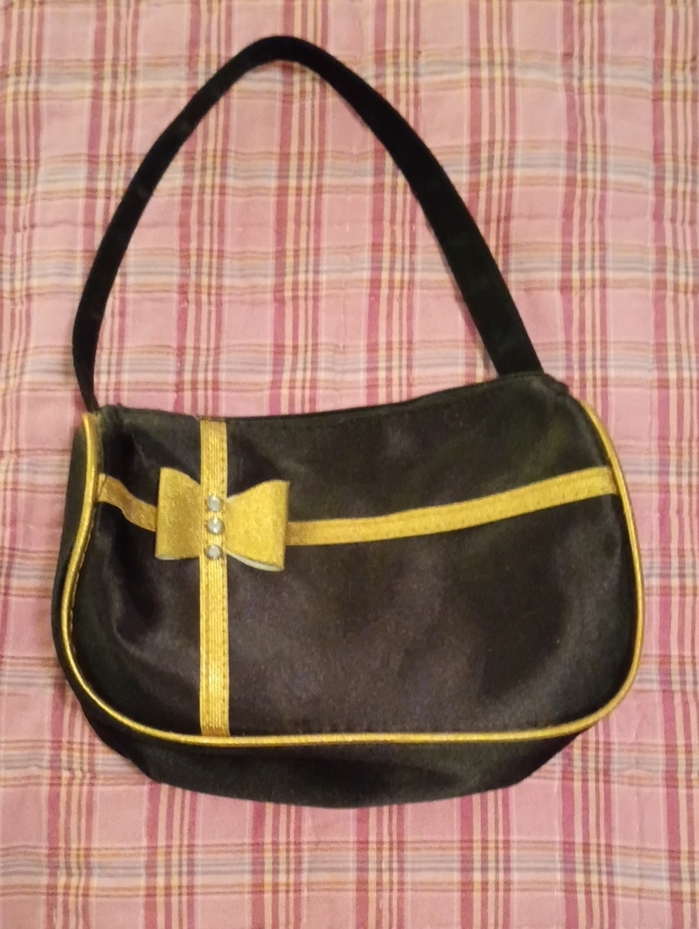 Black Shoulder Bag with Gold Bow Accent - Women